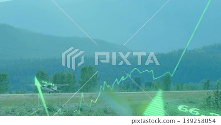 Taxiing single-engine plane on grass runway bordered by shrubs in valley, with neon green overlays Taxiing single-engine plane on grass runway bordered by shrubs in valley, with neon green overlays 139258054