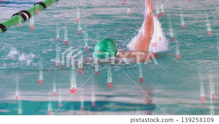 Swimmer wearing green swim cap executing front crawl in lane, with divider rope and binary overlay Swimmer wearing green swim cap executing front crawl in lane, with divider rope and binary overlay 139258109