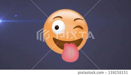 Presenting digital winking face emoji floating on bluish-gray gradient background, with lens flare Presenting digital winking face emoji floating on bluish-gray gradient background, with lens flare 139258151