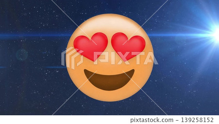 Floating 3D heart-eyes emoji drifting across dark cosmic starfield, with lens flare effects Floating 3D heart-eyes emoji drifting across dark cosmic starfield, with lens flare effects 139258152