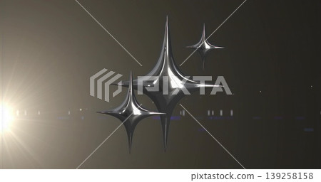 Rendering three chrome star shapes floating in dark gradient space, with bright white lens flare Rendering three chrome star shapes floating in dark gradient space, with bright white lens flare 139258158