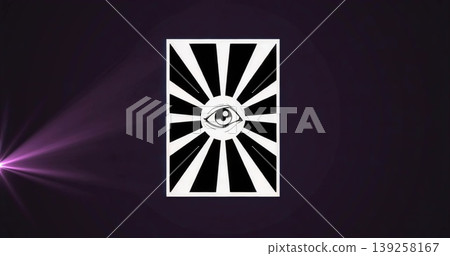 Showing white panel featuring stylized eye with black radiating rays on purple backdrop, with flare Showing white panel featuring stylized eye with black radiating rays on purple backdrop, with flare 139258167