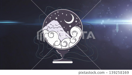 Featuring globe on stand against gradient backdrop with mountain peak, crescent moon and lens flare Featuring globe on stand against gradient backdrop with mountain peak, crescent moon and lens flare 139258169