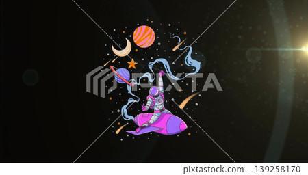 Riding astronaut wearing spacesuit traversing deep space with cartoon rocket and stylized planets Riding astronaut wearing spacesuit traversing deep space with cartoon rocket and stylized planets 139258170