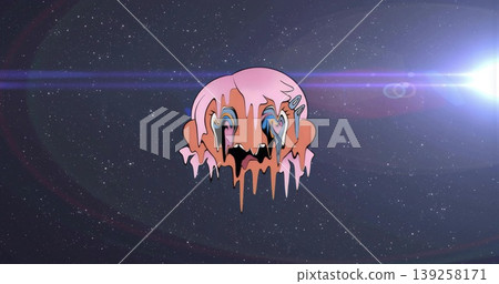Suspending stylized pink blob dripping rainbow eye forms against deep-space backdrop, lens flare Suspending stylized pink blob dripping rainbow eye forms against deep-space backdrop, lens flare 139258171