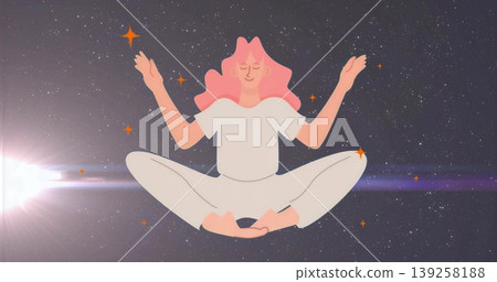 Levitating stylized female figure practicing meditation in cosmic starfield, with orange sparkles Levitating stylized female figure practicing meditation in cosmic starfield, with orange sparkles 139258188