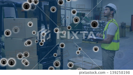 Inspecting safety vest worker holding laptop in plant, forklift boxes and network icons, copy space Inspecting safety vest worker holding laptop in plant, forklift boxes and network icons, copy space 139258198