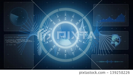 Displaying glowing circular data visualization chart on grid interface, with code snippet panel 139258226