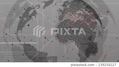 Displaying dotted globe on screen, featuring panels grid overlays numeric labels and network lines Displaying dotted globe on screen, featuring panels grid overlays numeric labels and network lines 139258227