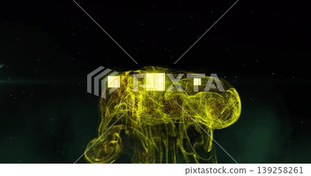 Ascending golden-yellow particle column swirling in dark digital void, with three glowing squares Ascending golden-yellow particle column swirling in dark digital void, with three glowing squares 139258261