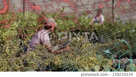 Kneeling man wearing cap and polo checking succulents with tablet at greenhouse, with tech overlay 139258339