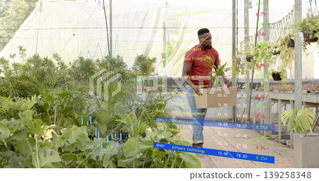 Inspecting man reviewing potted plants in greenhouse aisle, with tablet financial data overlay Inspecting man reviewing potted plants in greenhouse aisle, with tablet financial data overlay 139258348