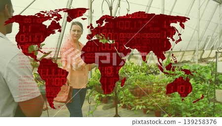 Pointing horticultural guide showing potted ferns inside greenhouse, with binary map overlay 139258376