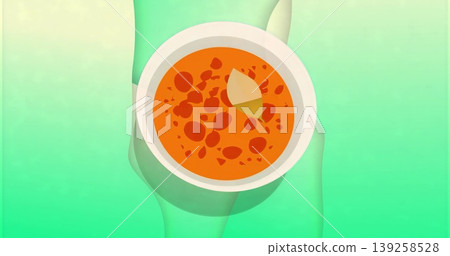 Displaying woman in teal swimwear standing against gradient, holding bowl of orange soup with chip Displaying woman in teal swimwear standing against gradient, holding bowl of orange soup with chip 139258528