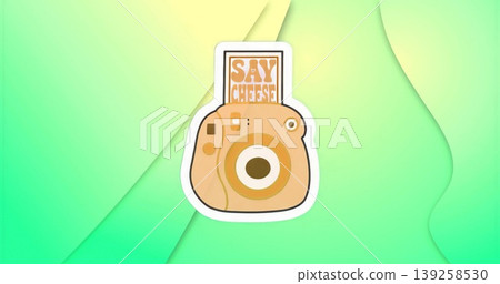 Displaying instant camera icon against green gradient, with emerging print saying SAY CHEESE! Displaying instant camera icon against green gradient, with emerging print saying SAY CHEESE! 139258530