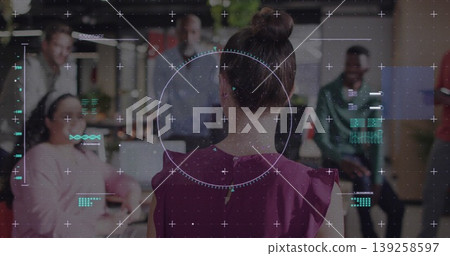 Leading mid adult woman standing center meeting room, guiding colleagues with laptops, coffee mugs Leading mid adult woman standing center meeting room, guiding colleagues with laptops, coffee mugs 139258597