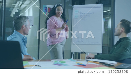 Adult woman wearing pink blouse presenting bar graph on flip chart in meeting room, with coffee Adult woman wearing pink blouse presenting bar graph on flip chart in meeting room, with coffee 139258598