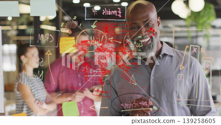Working mature black man annotating diagrams on glass board in office, with red world map Working mature black man annotating diagrams on glass board in office, with red world map 139258605