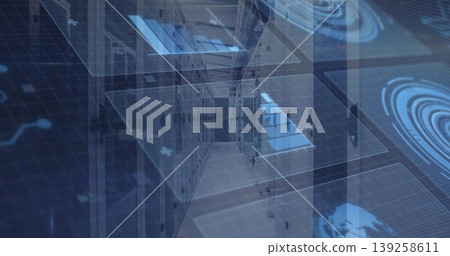 Displaying data center corridor with server racks, cabling, featuring holographic map, data visuals Displaying data center corridor with server racks, cabling, featuring holographic map, data visuals 139258611