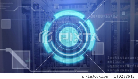 Displaying translucent blue circular HUD interface hovering in data center, server racks and cables 139258612