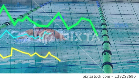 Front-crawling man in green-cap-and-goggles in lap pool, with grid-overlay and colored-line-graphs Front-crawling man in green-cap-and-goggles in lap pool, with grid-overlay and colored-line-graphs 139258690