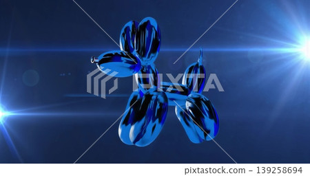 Floating reflective blue metallic balloon dog sculpture in dark virtual 3D studio, with lens flares Floating reflective blue metallic balloon dog sculpture in dark virtual 3D studio, with lens flares 139258694