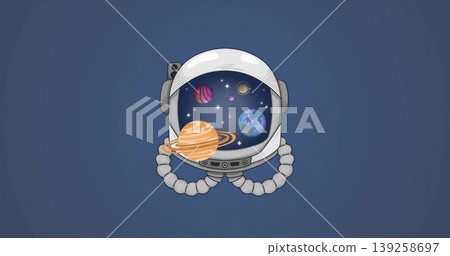 Floating astronaut helmet showing planets, moon, stars and hoses on deep blue backdrop 139258697