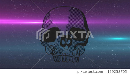 Floating stylized skull illustration drifting in cosmic background, with magenta, teal neon streaks 139258705