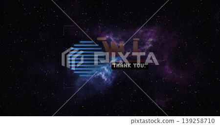 Displaying logo floating in deep space, with blue striped circle, Web text and THANK YOU label Displaying logo floating in deep space, with blue striped circle, Web text and THANK YOU label 139258710