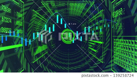Numeric hologram projecting candlestick chart and line graph in VR tunnel, with wireframe panels Numeric hologram projecting candlestick chart and line graph in VR tunnel, with wireframe panels 139258724