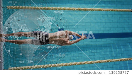 Gliding male swimmer underwater pool lane, with cap, dark blue lane marker, digital globe overlay 139258727