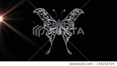 Shining silver butterfly sculpture casting reflections on black backdrop, with spotlight lens flare Shining silver butterfly sculpture casting reflections on black backdrop, with spotlight lens flare 139258729