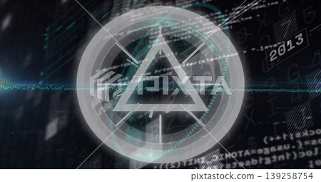 Displaying circular HUD showcasing triangle symbol in virtual data environment, with code snippets Displaying circular HUD showcasing triangle symbol in virtual data environment, with code snippets 139258754