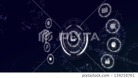 Displaying central computer icon in circular UI on dark interface, with glowing column icons, lines Displaying central computer icon in circular UI on dark interface, with glowing column icons, lines 139258761