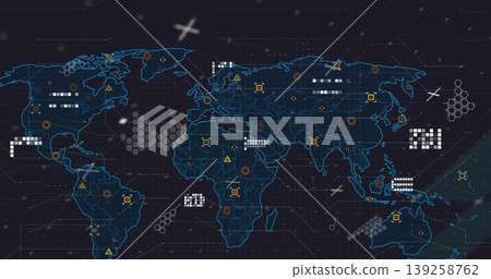 Displaying blue world map on dark grid, showing colored markers, data clusters and plus signs Displaying blue world map on dark grid, showing colored markers, data clusters and plus signs 139258762