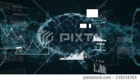 Displaying glowing neural brain in virtual interface with grid overlay, line graphs and bar charts Displaying glowing neural brain in virtual interface with grid overlay, line graphs and bar charts 139258763