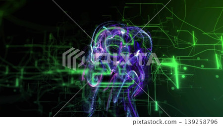 Pulsing brain-like cluster of purple-green streams in cyberspace, with circuit grid mesh and nodes 139258796