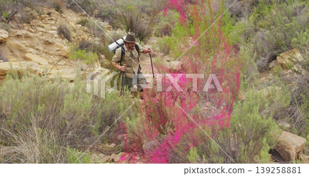 Hiker wearing wide brim hat and khaki gear navigating desert hillside with backpack, trekking pole Hiker wearing wide brim hat and khaki gear navigating desert hillside with backpack, trekking pole 139258881