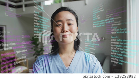 Standing Korean woman wearing medical scrubs in modern living room, with projected code overlays Standing Korean woman wearing medical scrubs in modern living room, with projected code overlays 139258988