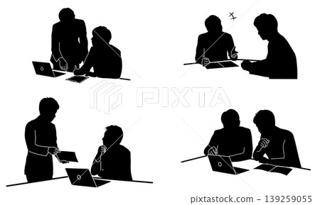 一組描繪老闆和下屬之間商業場景的剪影,包括下達指示和提供回饋。 一組描繪老闆和下屬之間商業場景的剪影,包括下達指示和提供回饋。 139259055