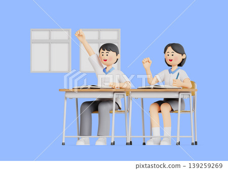 Two students sit at desks in a classroom, with one raising a hand to answer a question. The other student is smiling and showing excitement during the lesson. Two students sit at desks in a classroom, with one raising a hand to answer a question. The other student is smiling and showing excitement during the lesson. 139259269