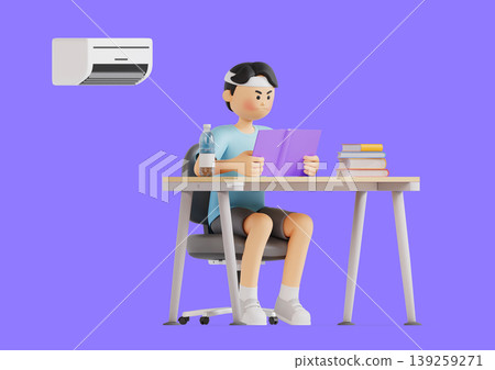 A young person sits at a desk focused on reading a purple book. Nearby, there are books stacked on the desk. A bottle of water sits next to them as they study in a well-lit room. A young person sits at a desk focused on reading a purple book. Nearby, there are books stacked on the desk. A bottle of water sits next to them as they study in a well-lit room. 139259271