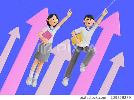 Two students express joy and excitement by raising their hands. They hold folders and stand in front of arrows pointing up, showing progress. The background is blue. Two students express joy and excitement by raising their hands. They hold folders and stand in front of arrows pointing up, showing progress. The background is blue. 139259279