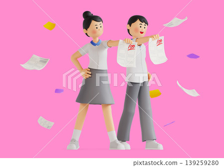 Two students are standing side by side and holding exam papers that show high grades. Colorful confetti is scattered around them. They appear to be celebrating their success in a classroom. 139259280