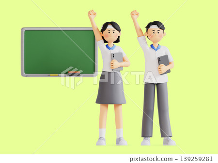 Two students raise their fists in a classroom. They hold tablets and books while standing near a green chalkboard. The scene shows young learners engaged and ready for discussion. 139259281