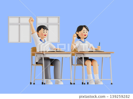 Two students sit at desks in a classroom. One student raises a hand to answer, while the other writes notes. The setting shows a blue background and window. Two students sit at desks in a classroom. One student raises a hand to answer, while the other writes notes. The setting shows a blue background and window. 139259282