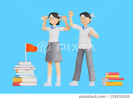 Two students stand with their arms raised in celebration after completing their studies. They are surrounded by stacks of books and a small flag in a classroom setting. Two students stand with their arms raised in celebration after completing their studies. They are surrounded by stacks of books and a small flag in a classroom setting. 139259283