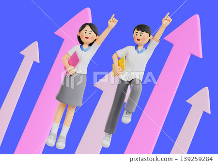 Two students stand side by side with their hands raised in excitement. They hold books and celebrate their achievements in front of a bright blue background with upward arrows. Two students stand side by side with their hands raised in excitement. They hold books and celebrate their achievements in front of a bright blue background with upward arrows. 139259284