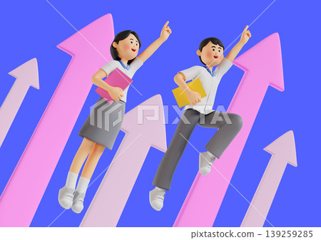 Two students stand with books in hand while pointing up. They are surrounded by large pink arrows that symbolize growth and success. The background is a bright blue color. Two students stand with books in hand while pointing up. They are surrounded by large pink arrows that symbolize growth and success. The background is a bright blue color. 139259285