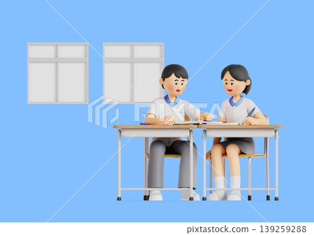 Two students sit at a desk in a classroom. They are focused on their work, discussing and sharing notes. The walls have windows that let in light. Two students sit at a desk in a classroom. They are focused on their work, discussing and sharing notes. The walls have windows that let in light. 139259288